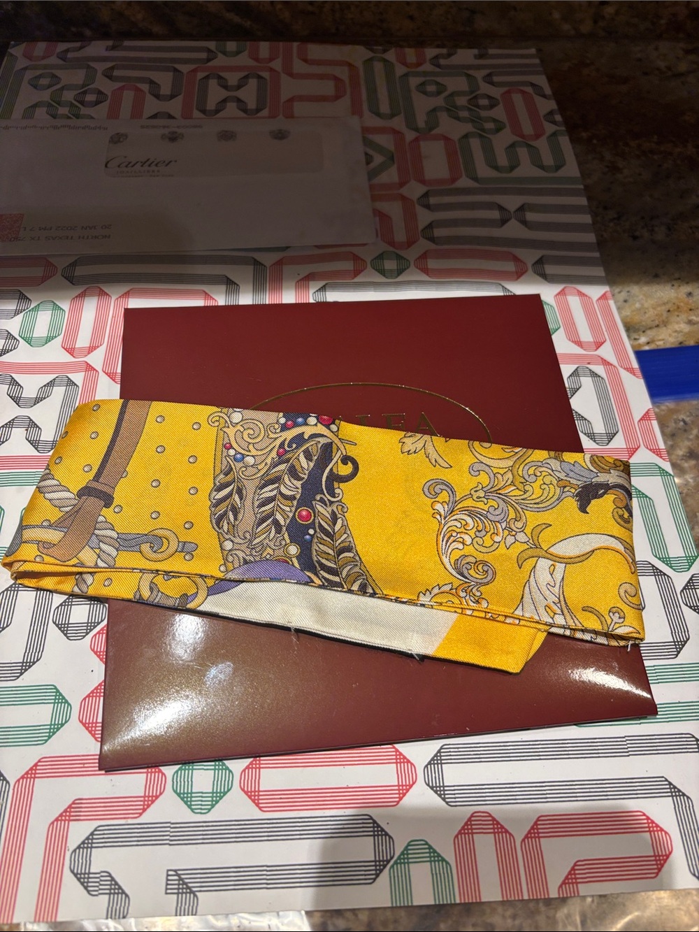 Yellow Patterned Silk Twilly Scarf